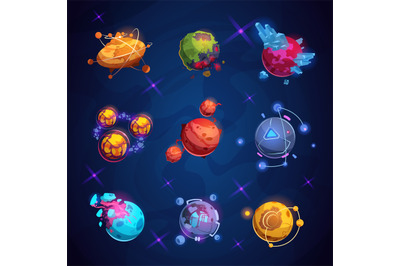 Fantasy cartoon planet. Fantastic alien planets. Space world game vect