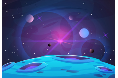 Space and planet background. Planets surface with craters, stars and c