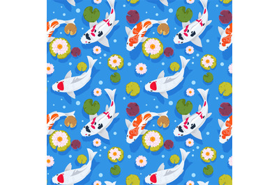 Koi fish seamless pattern. Japanese carp in china garden. Oriental nat