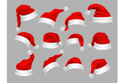 Big set of realistic Santa Hats isolated on transparent background