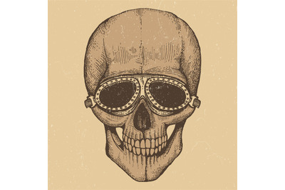 Biker style hand drawn human skull with motorcycles