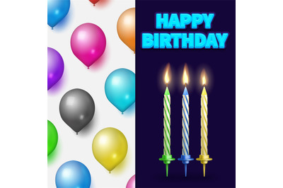 Birthday party banner or card with cake candles and balloons