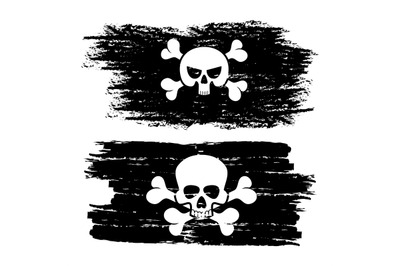 Black dirty pirate flags with skulls vector illustration