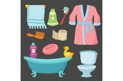 Cartoon bathroom accessories set vocabulary vector illustration