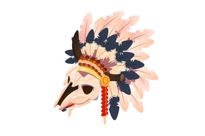 Cartoon character buffalo skull with indian feathers headdress isolate