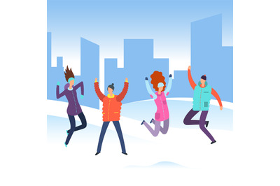 Cartoon people in winter clothes on city landscape