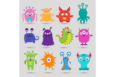 Cute cartoon baby monsters vector isolated on transparent background