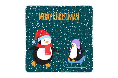 Cute cartoon family penguins Christmas cards design