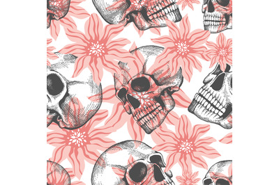 Fashion seamless pattern with hand drawn sculls and flowers