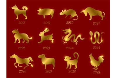 Gold chinese horoscope zodiac animals. Vector symbols of year isolated