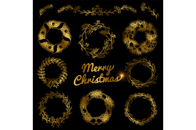 Gold Christmas hand drawn wreaths, border frames