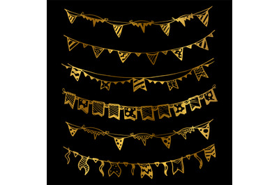 Gold holiday garlands with light bulbs vector set