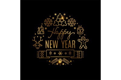 Gold New Year vector banner with line icons