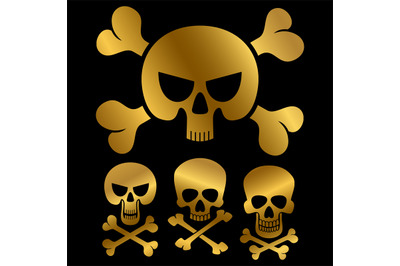 Gold piracy skulls icons isolated on black background