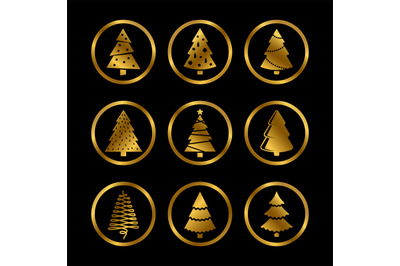 Gold silhouette christmas trees vector icons on black background