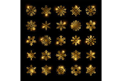 Gold snowflakes vector set isolated on black