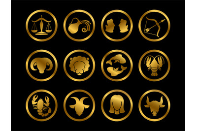 Golden horoscope zodiac vector signs. Astrology symbols set