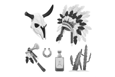 Tribal indian vector objects - buffalo skull&2C; tomahawk