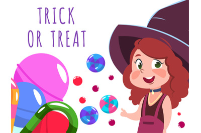 Halloween banner with cartoon character witch and sweets