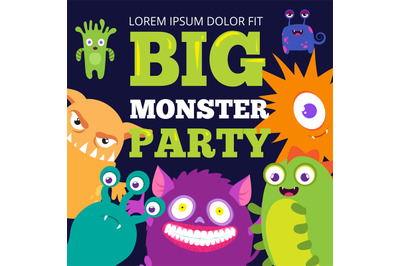 Halloween monster party banner template with cute cartoon characters