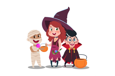 Halloween trick or treat kids in festive costumes with candies isolate