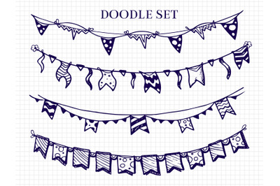 Hand drawn flags garlands doodle vector set