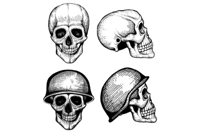 Hand drawn vector death scary human skulls