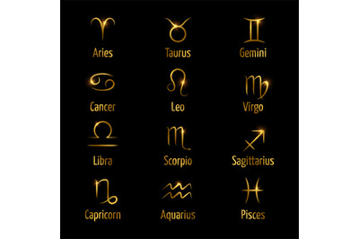 Hand drawn zodiac vector symbols shine gold effect