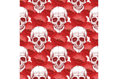 Human skull sketch and red flowers seamless pattern