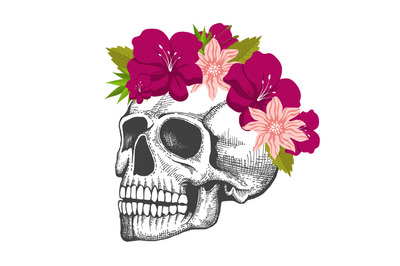 Human skull sketch with floral wreath isolated on white background