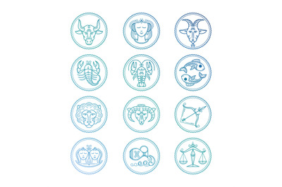 Line icons Zodiac signs vector set. Colorful horoscope emblems