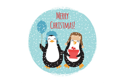 Merry Christmas cute penguins vintage card design