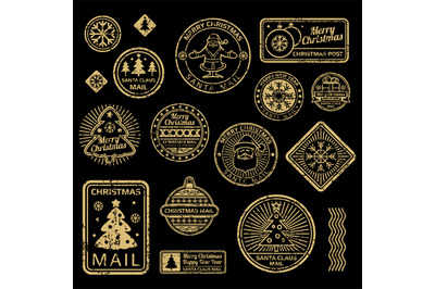 New Year and Christmas vector vintage stamps isolated on black backgro