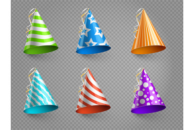 Realistic party hats vector set isolated on transparent background