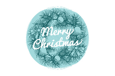 Round vintage Christmas banner with hand drawn wreath and text Merry C