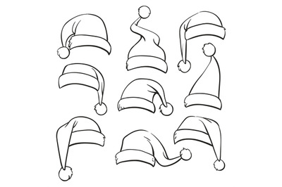 Santa hats sketch set isolated on white background