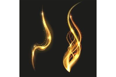 Shiny gold glowing lines swirl trail, golden smoke vector light effect