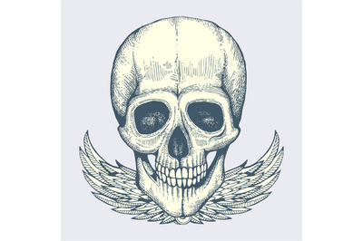 Sketched human skull with wings - vintage biker style poster, label ve