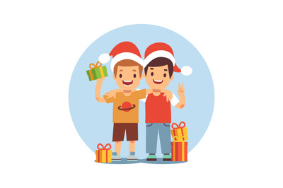 Two cartoon boys celebrate Christmas and New Year