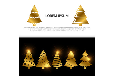 Vector banner or flyer with golden christmas tree icons