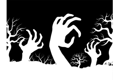 White horror zombi hands and tree silhouettes vector