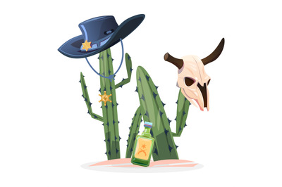 Wild west vector illustration. Cactus bull skull