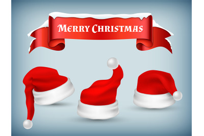 Winter Christmas banner vector with realistic Santa hats and