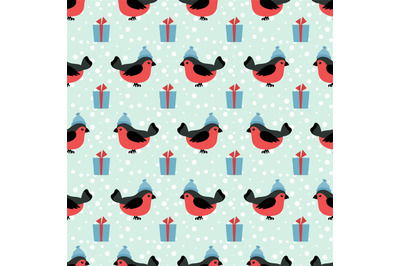 Winter holidays seamless pattern with cartoon bullfinch in hat