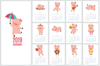 Calendar 2019 with cute pig. Funny cartoon pigs diary. Vector calendar