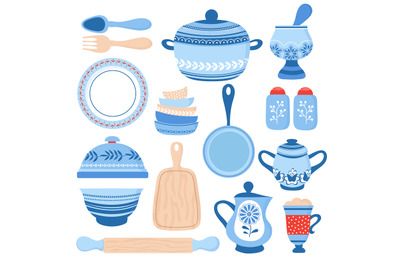 Crockery ceramic cookware. Blue porcelain bowls, dishes and plates. Ki