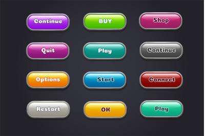 Cartoon buttons. Colorful video game ui elements. Restart and continue