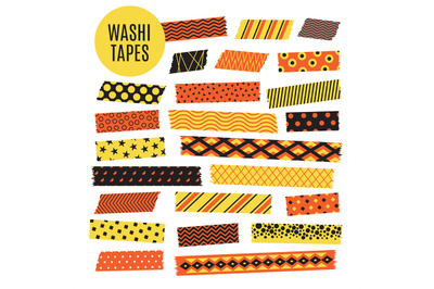 Halloween tape strips. Orange and black halloween patterns. Vector scr