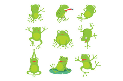 Cute cartoon frogs. Green croaking toad on lotus leaves in pond. Vecto