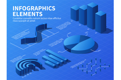 Isometric infographic. 3d statistics graphs and growth charts, percent